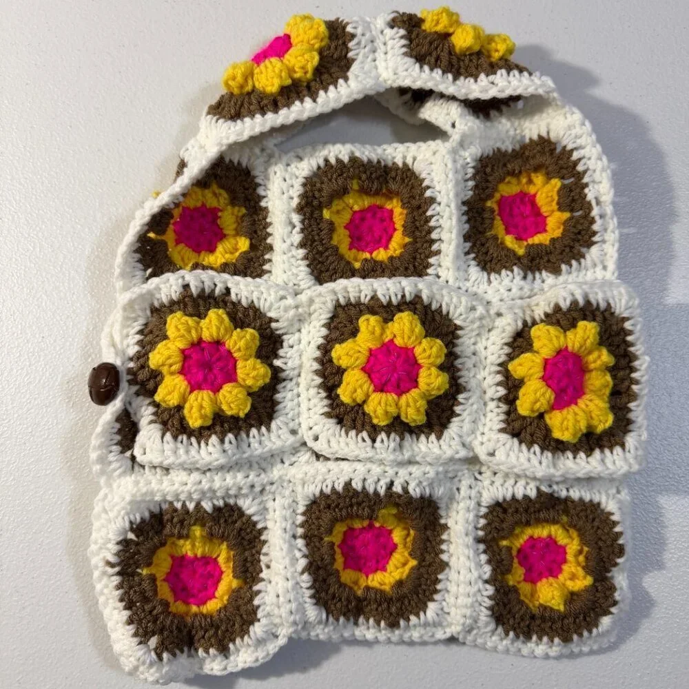 Handmade Crochet Granny Square Dog Vest Floral Boho Pet Sweater Cozy Stylish Med